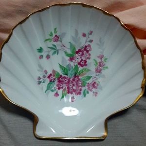 Antique Vignaud Limoges France Floral Gold Trim Hand Painted Shell Trinket Dish